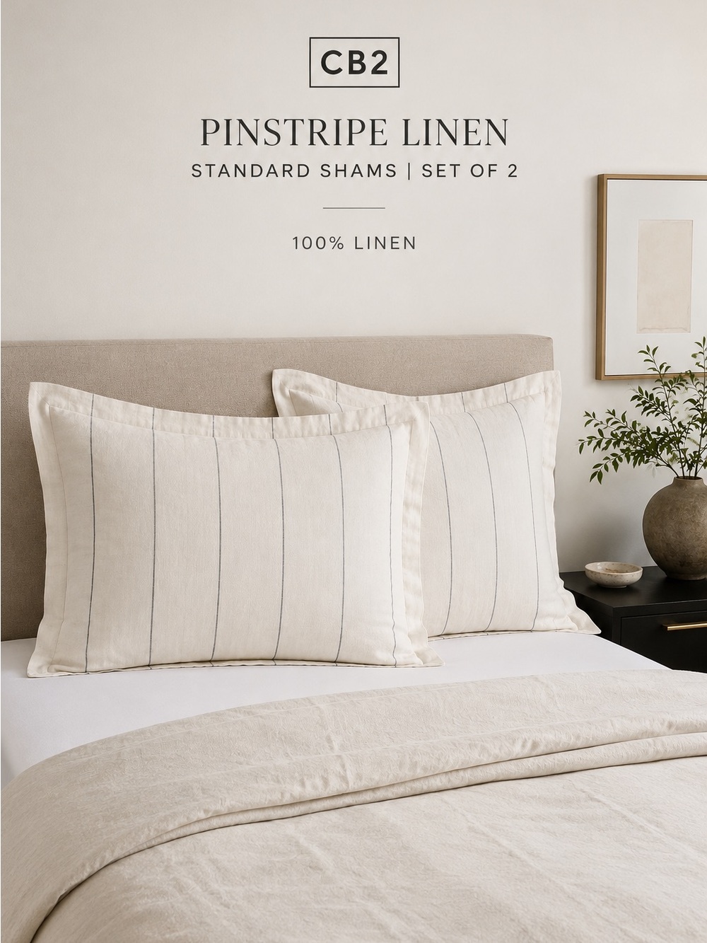 Crate & Barrel CB2 Linen Pinstripe Standard Pillow Shams Set of 2 White Gray NEW